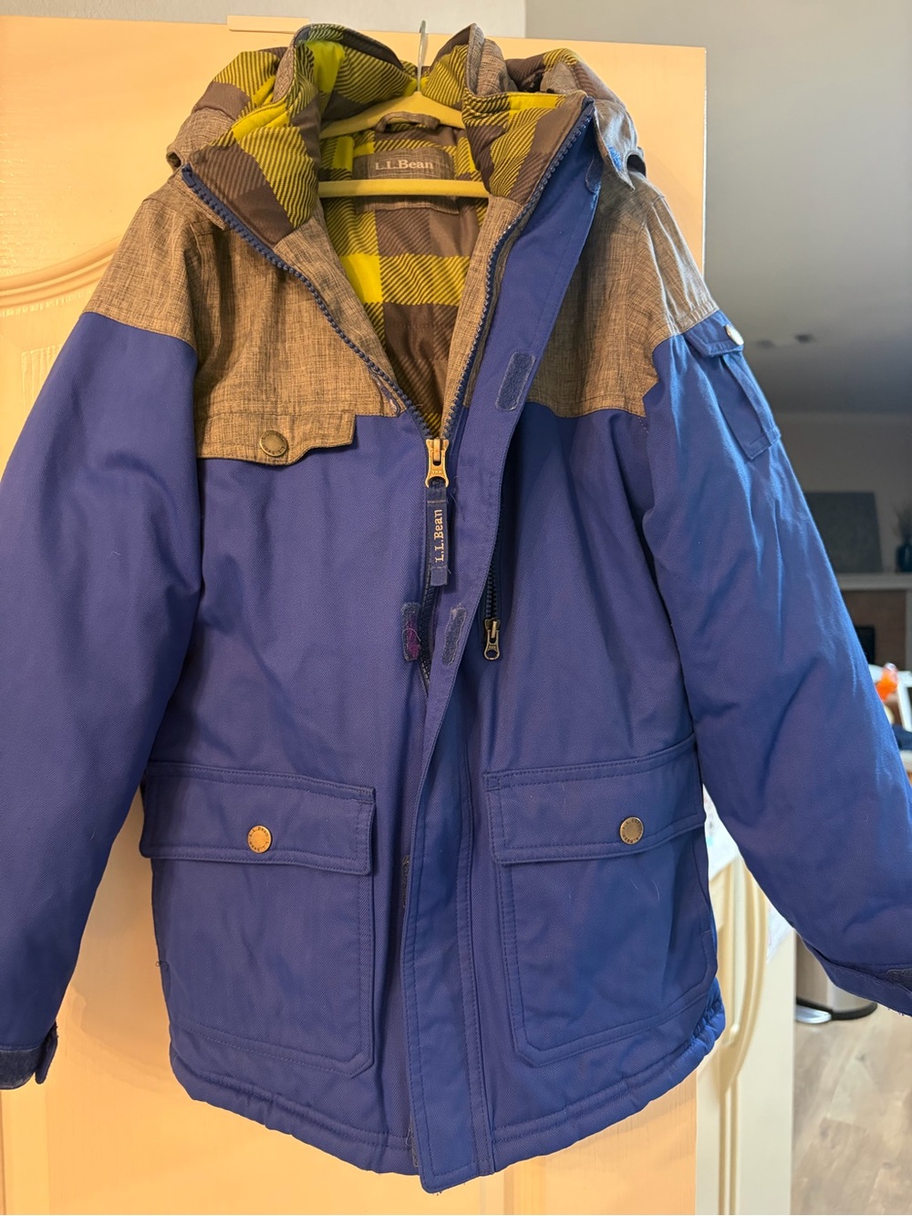 L.L. Bean Kids Royal Blue and Gray Hooded Puffer with Yellow Plaid Lining